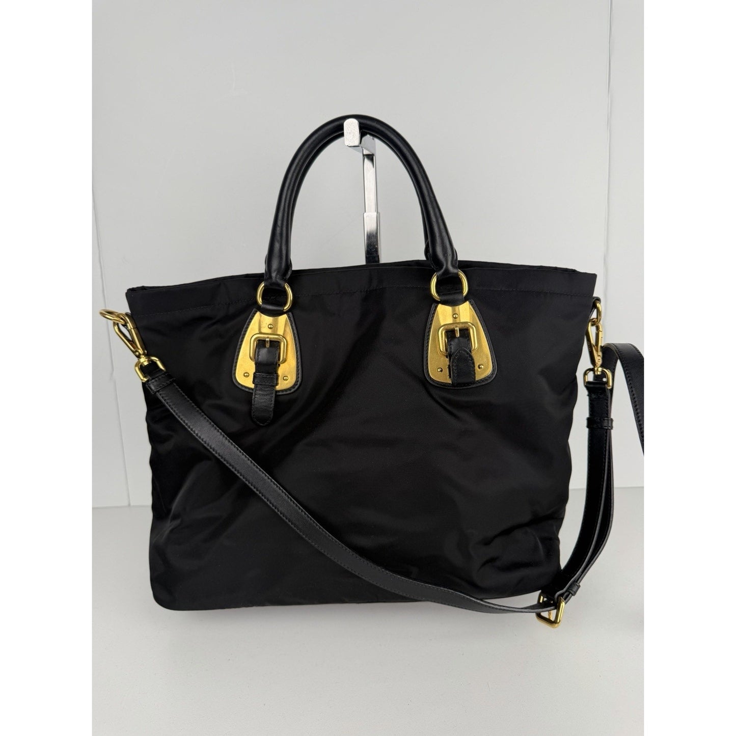 Prada Tessuto Tote Bag in Black Nylon with Gold Hardware Buckle Accents S