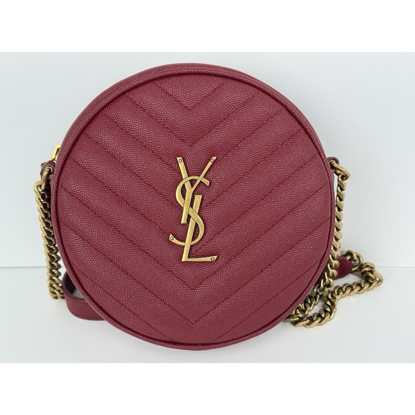 Saint Laurent Monogram Round Bag Burgundy with Gold Hardware