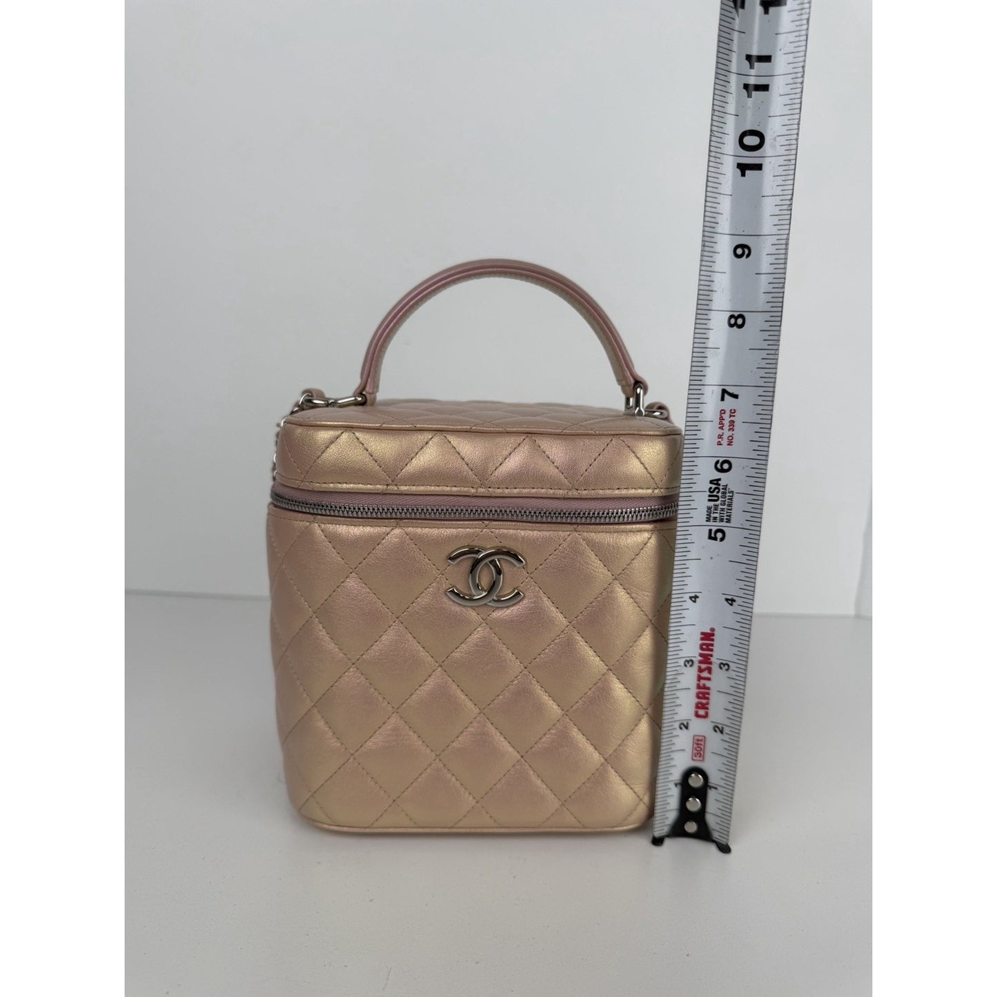 Chanel Small Top Handle Vanity Case Bag Iridescent Pink Quilted Leather NFC B