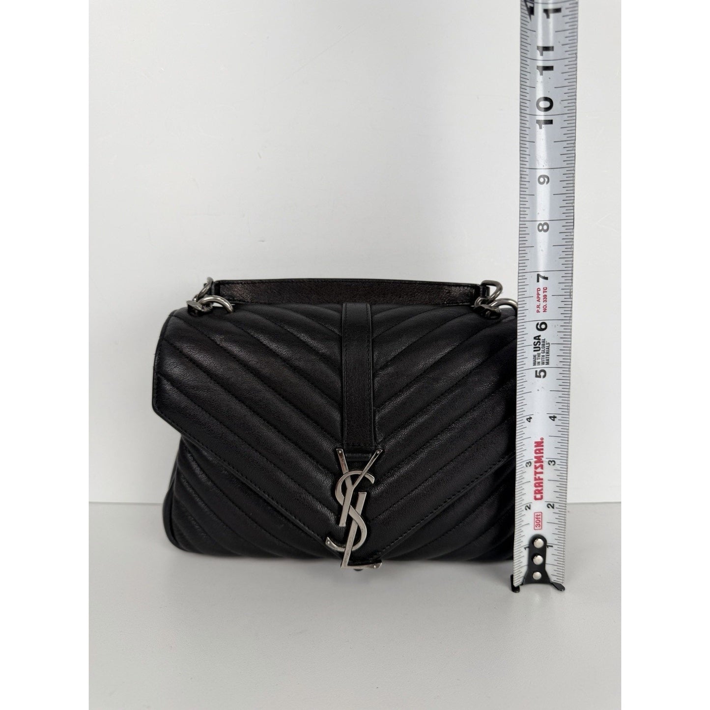 Saint Laurent College Shoulder Bag Medium in Black Chevron-Quilted Leather S-07