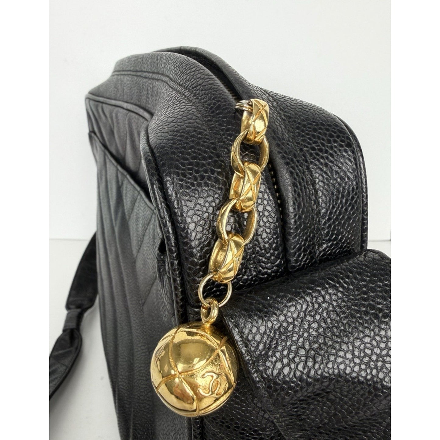 Chanel Chevron Caviar Camera Bag Large Vintage Black Quilted Leather 1991-1994 D8
