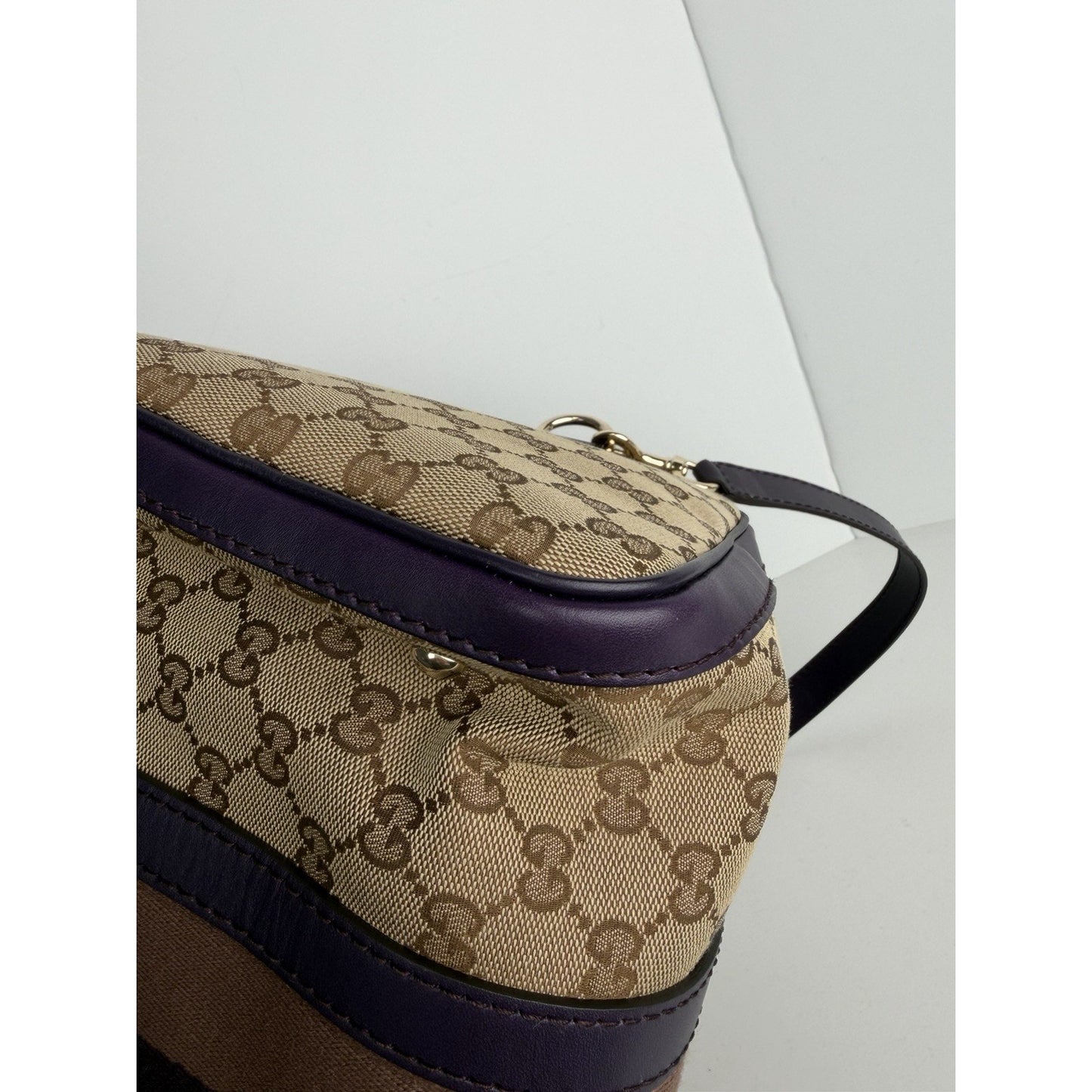 Gucci Web Boston Medium Bag in Brown GG Monogram Canvas & Purple Trim S
