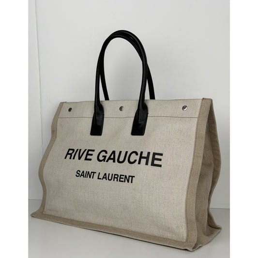 Saint Laurent Rive Gauche Tote Bag Large in Beige Canvas and Black Leather S