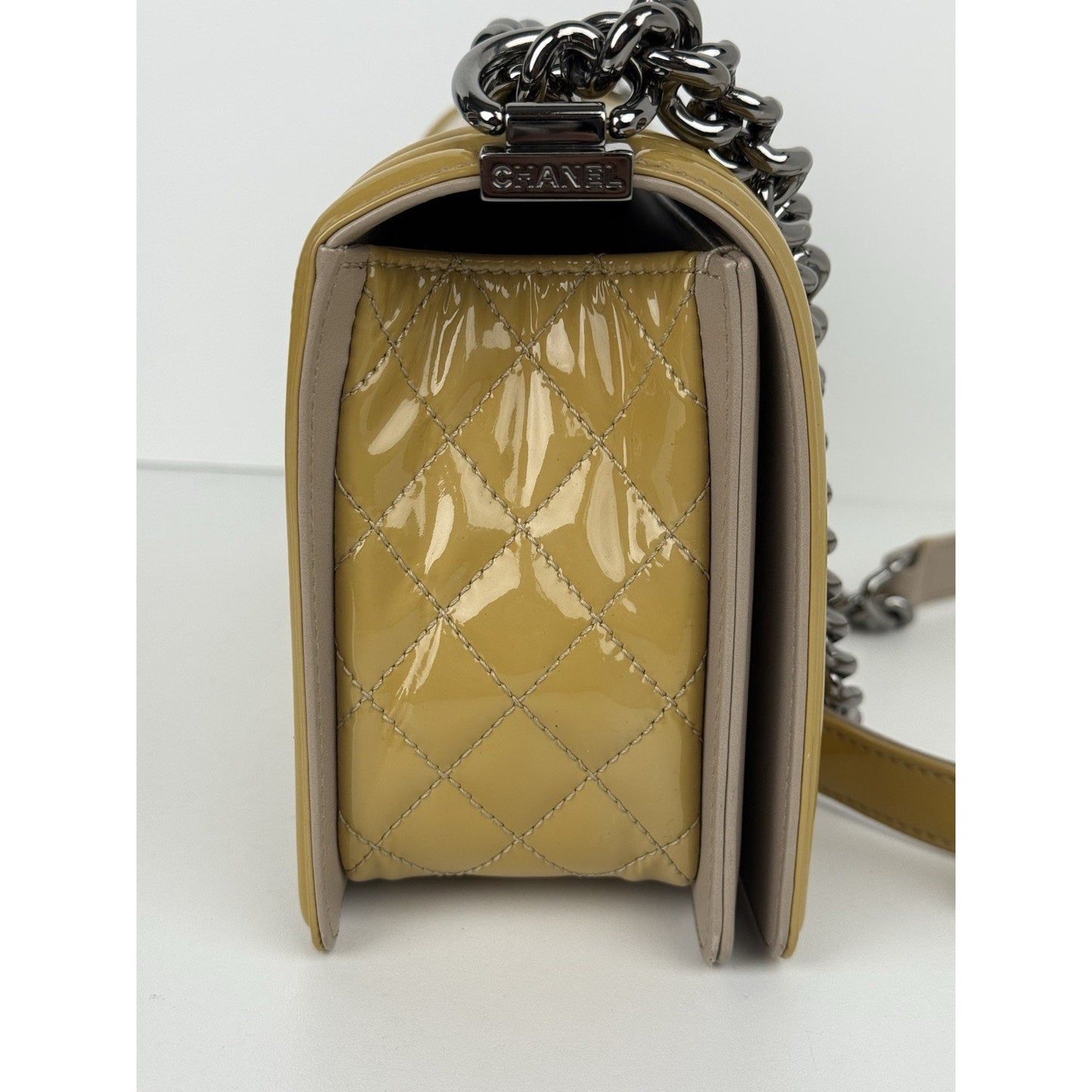 Chanel Boy Medium Chevron & Quilted Mustard Patent Leather Shoulder Bag