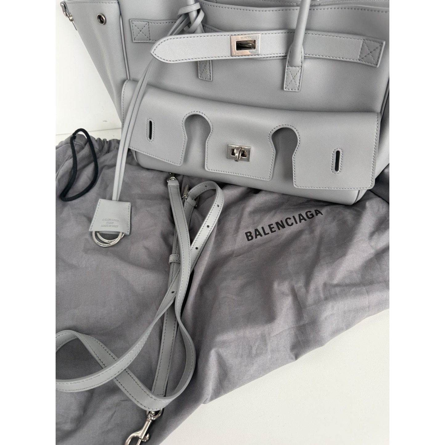 Balenciaga Smooth Calfskin Small Bel Air Carry All Bag in Cloud Grey Leather E7