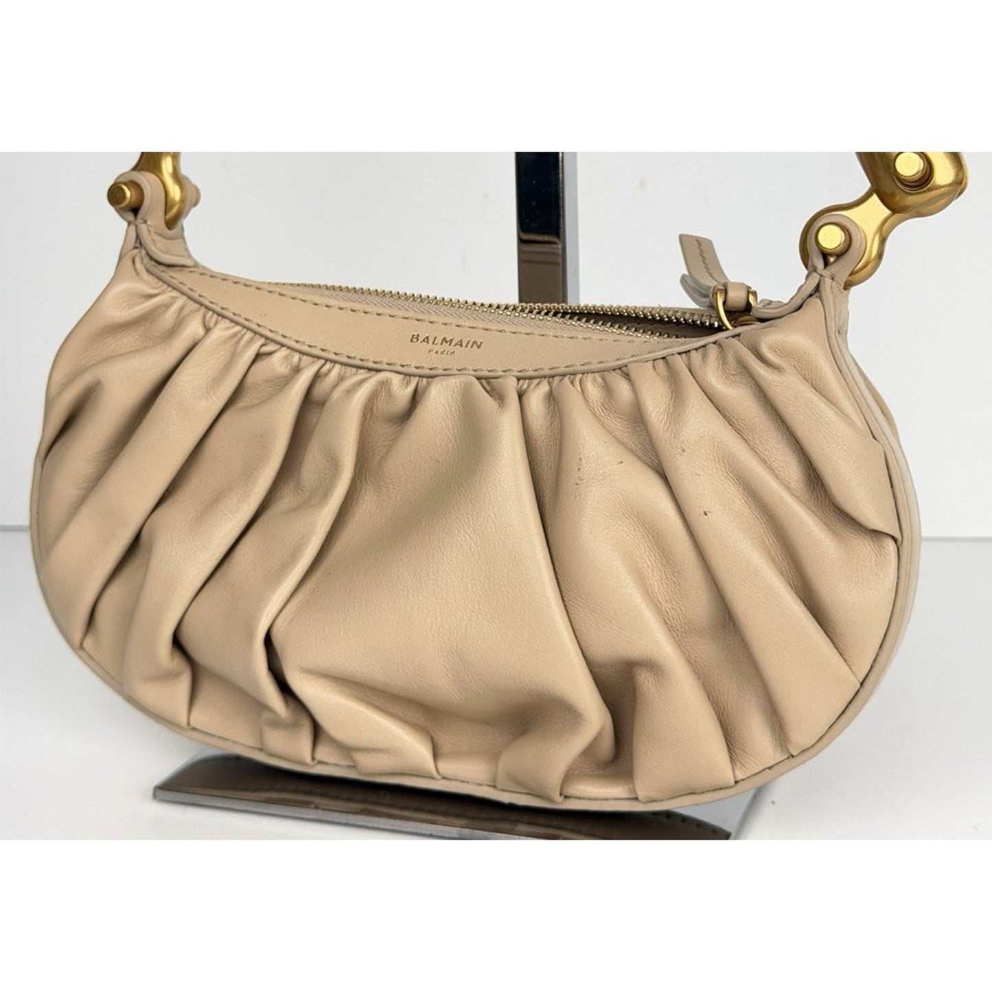Balmain Mini Bag in Ebene Scrunched Leather Crossbody with Crochet Handle S-05