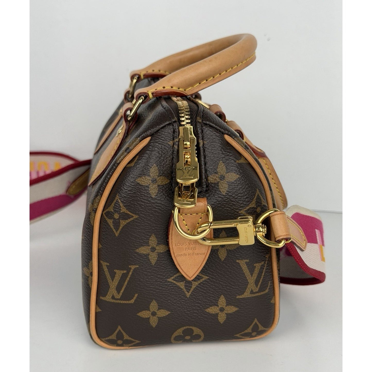 Louis Vuitton Speedy 20 HandBag Bandouliere Monogram Canvas & Pink Strap NFC E1