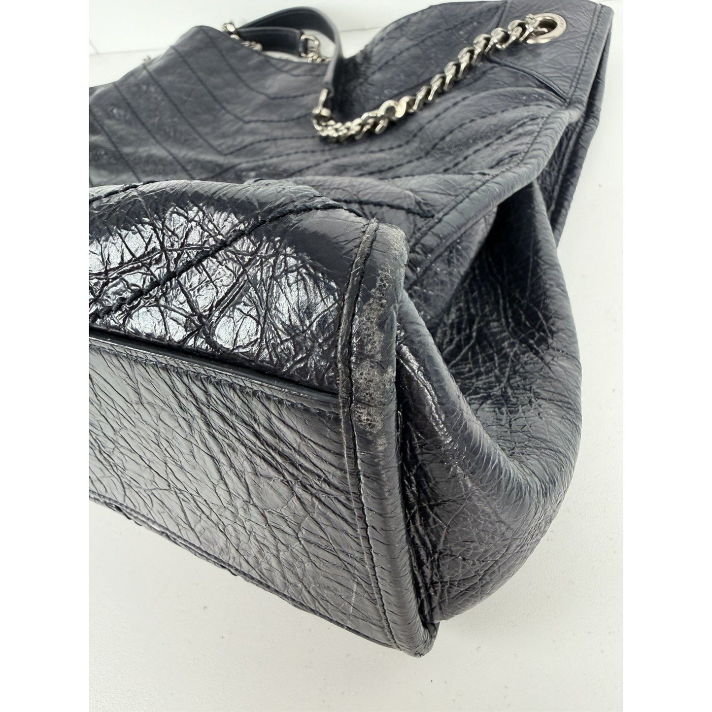 Saint Laurent Niki Shopper Tote Bag Large in Dark Navy Crinkled Leather S-13
