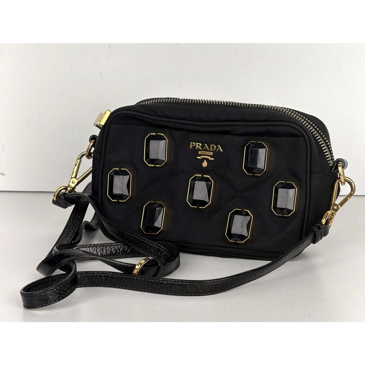 Prada Tessuto Pietre Jeweled Nylon Camera Crossbody Bag in Black Vintage S-06