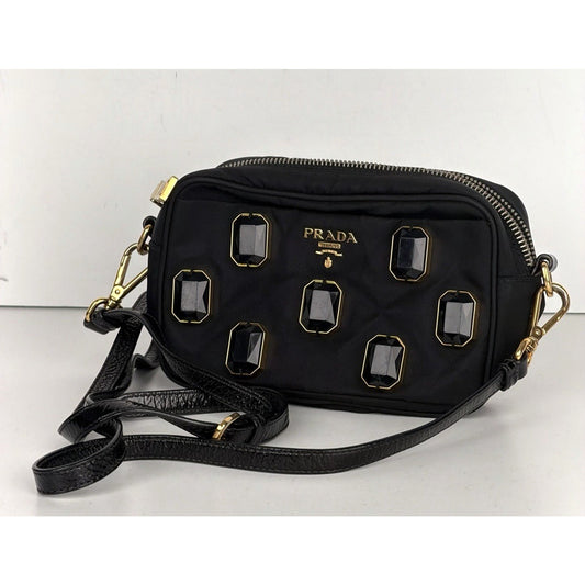 Prada Tessuto Pietre Jeweled Nylon Camera Crossbody Bag in Black Vintage S-06