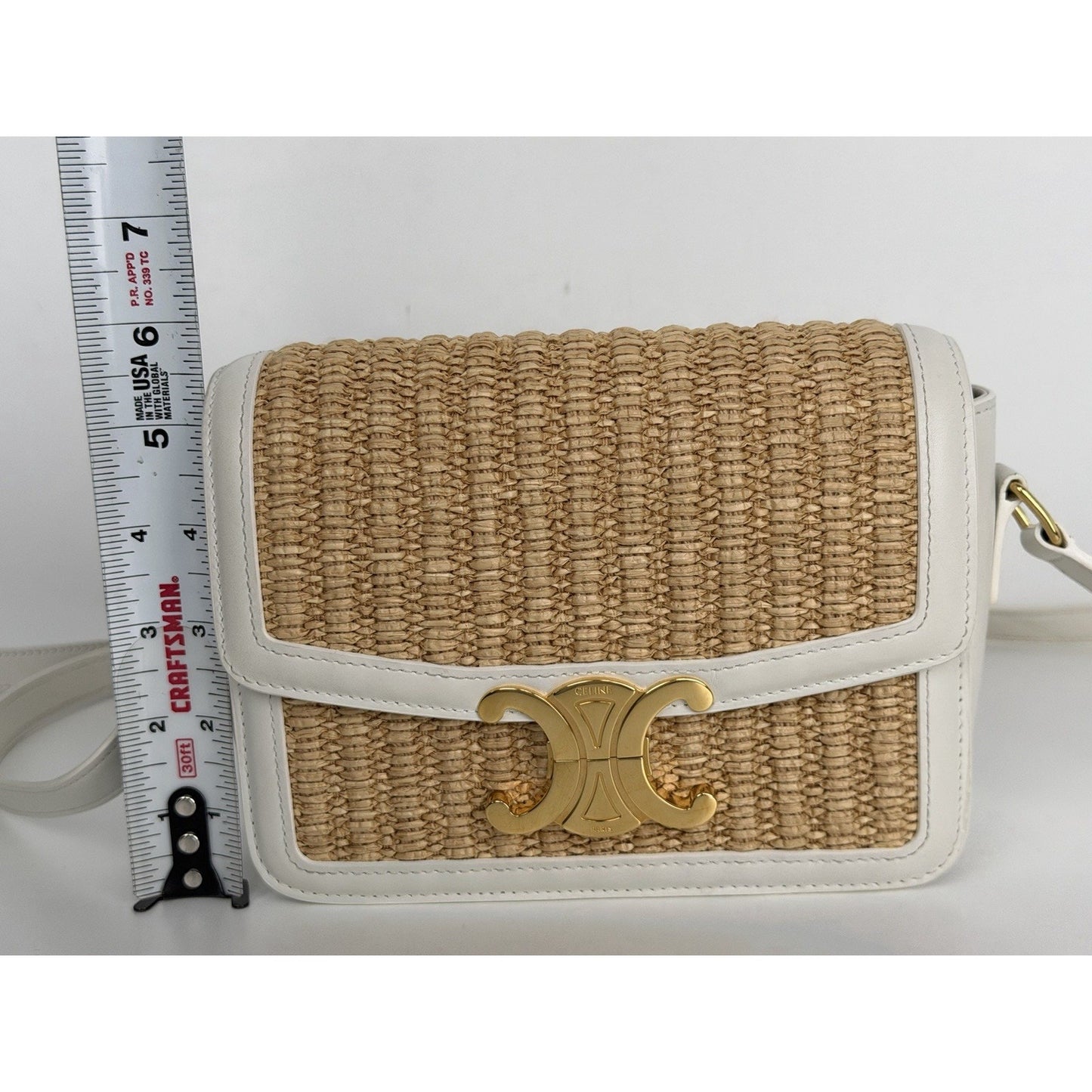 Celine Teen Triomphe Shoulder Bag in Natural Raffia White Calfskin Trim 2023 C2