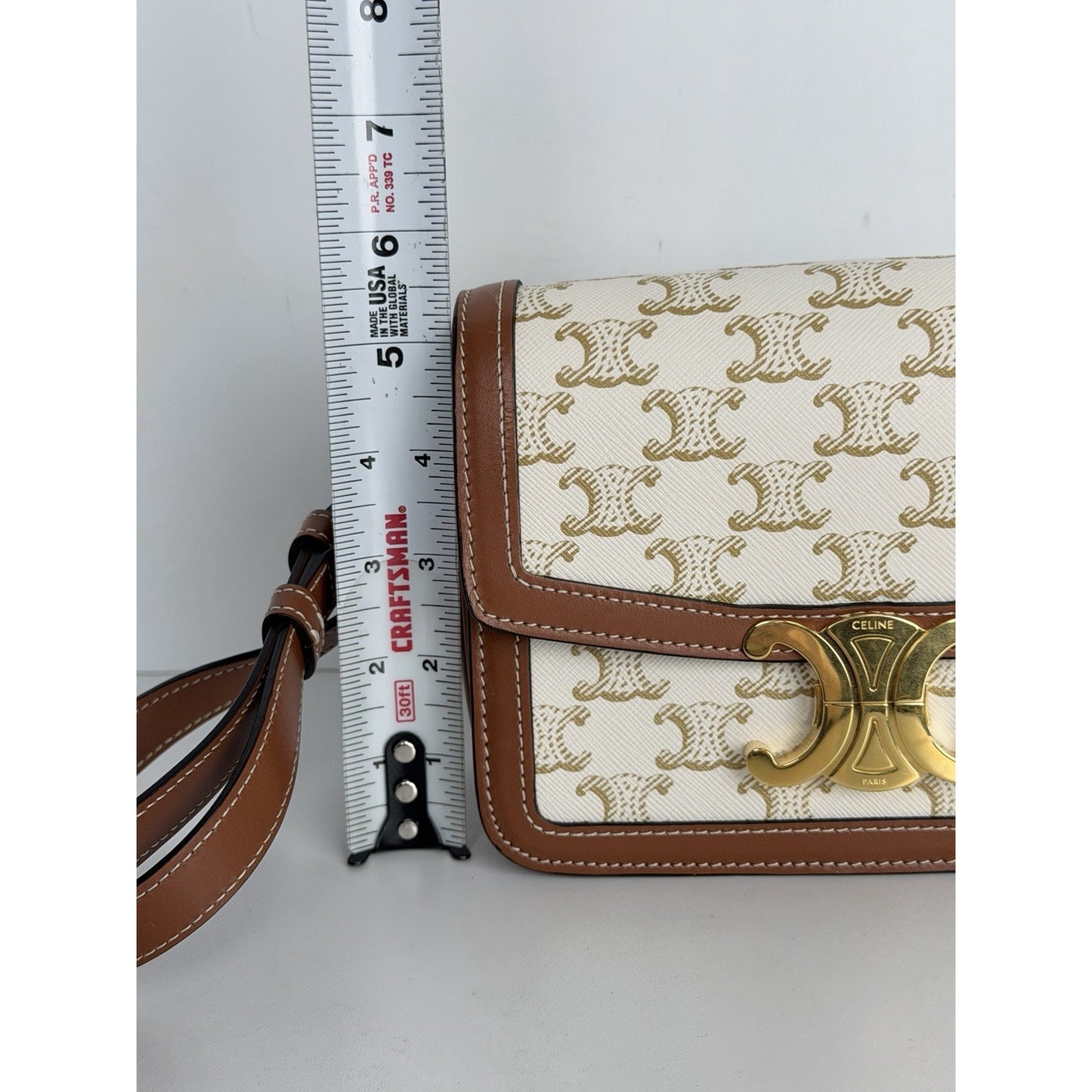 Celine Teen Triomphe Bag in Brown and White Triomphe Canvas and Calfskin S11