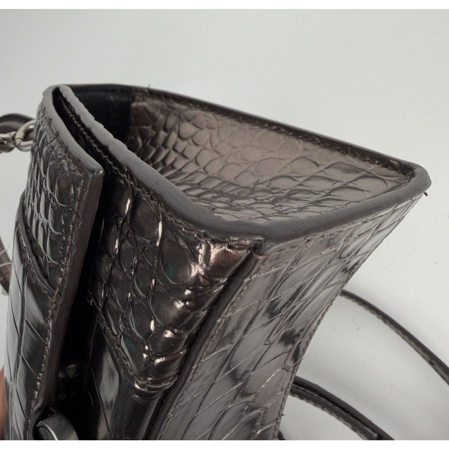 Balenciaga Hourglass XS Bag in Metallic Dark Gray Croc-Effect Leather S03