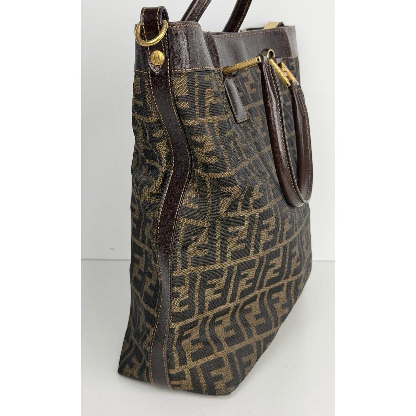 Fendi Zucca Tote Bag FF Monogram Canvas & Dark Brown Leather Trim S