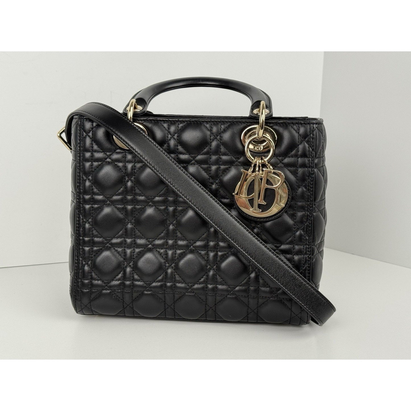 Dior Lady Medium Tote Shoulder Bag Black Leather
