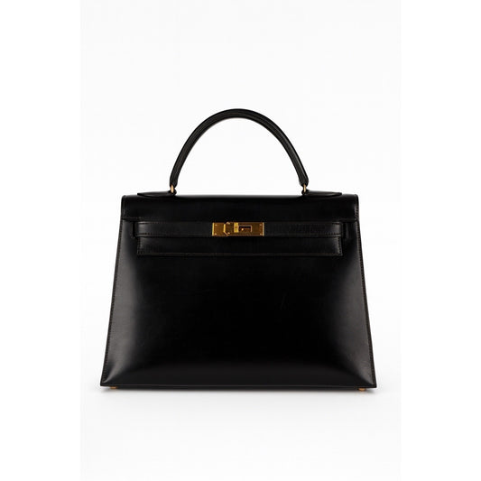 Hermes Kelly 32 Black Box Swift Gold Hardware 1989 (◯S) Top Handle Bag