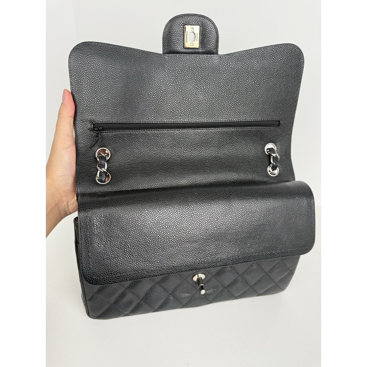 Chanel Classic Caviar Jumbo Double Flap Bag Black with Silver Hardware B-2