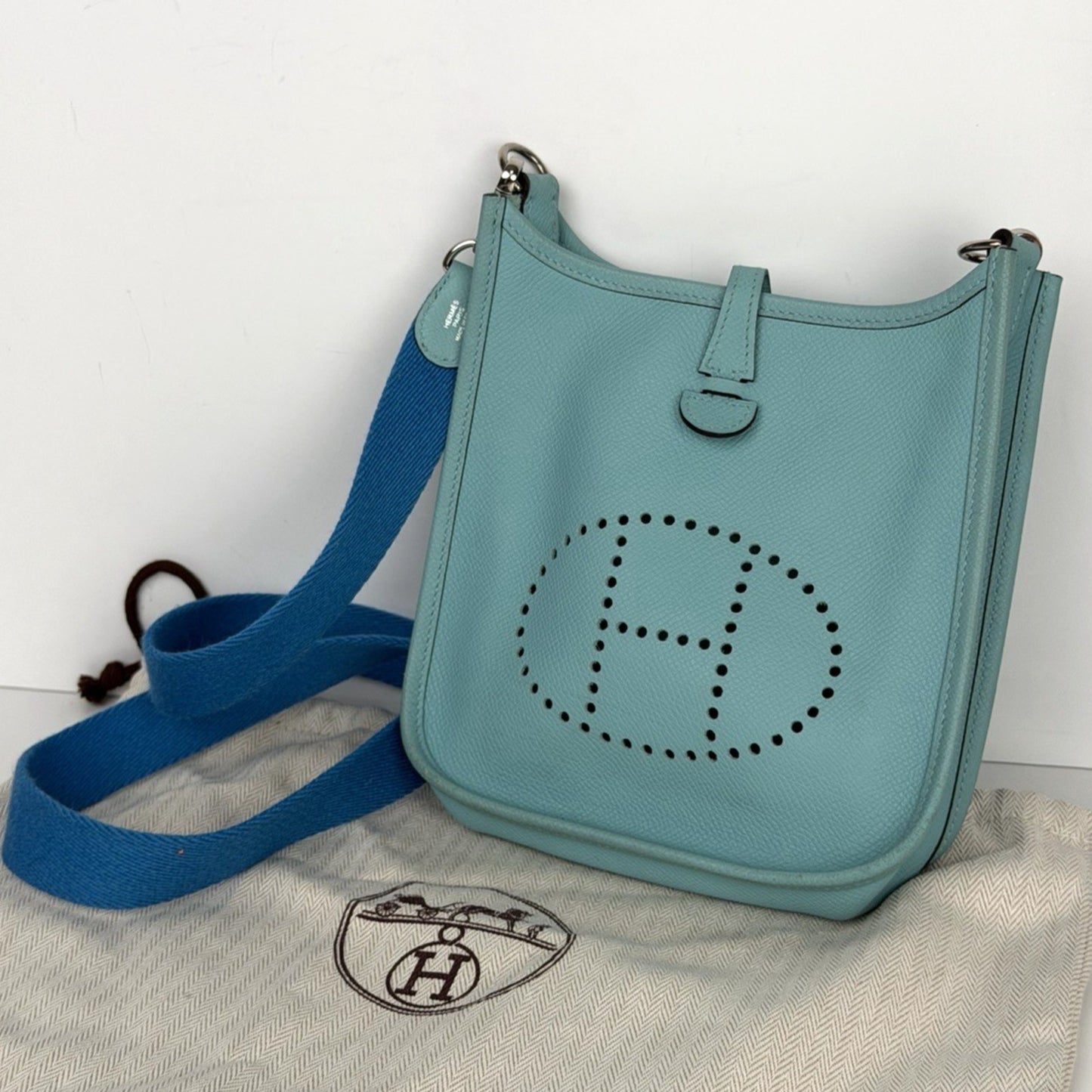 Hermes Evelyne TPM 16 Gen III Bag in Bleu Atoll and Canvas Shoulder Strap 2017D1