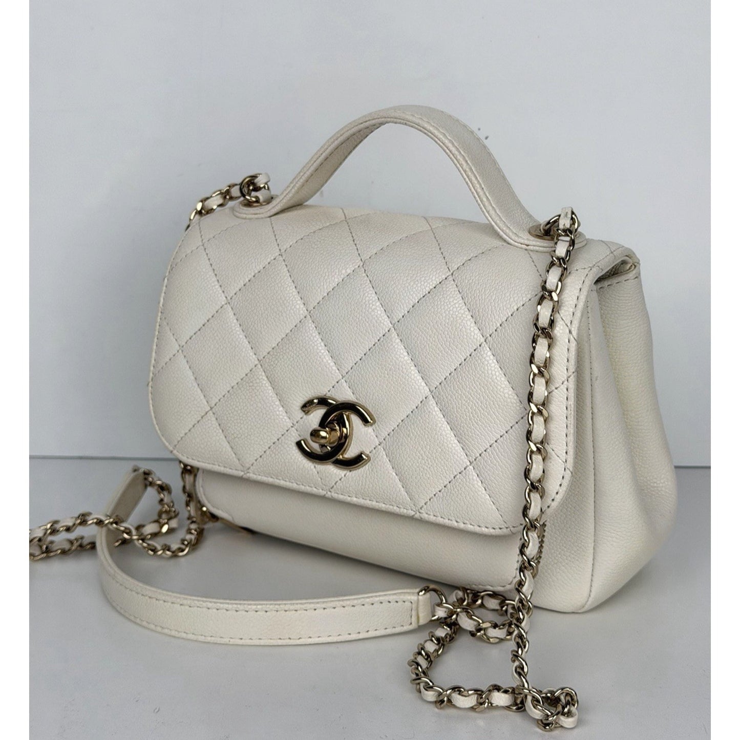 Chanel Business Affinity Flap Bag Small in White Quilted Caviar Leather NFC E4