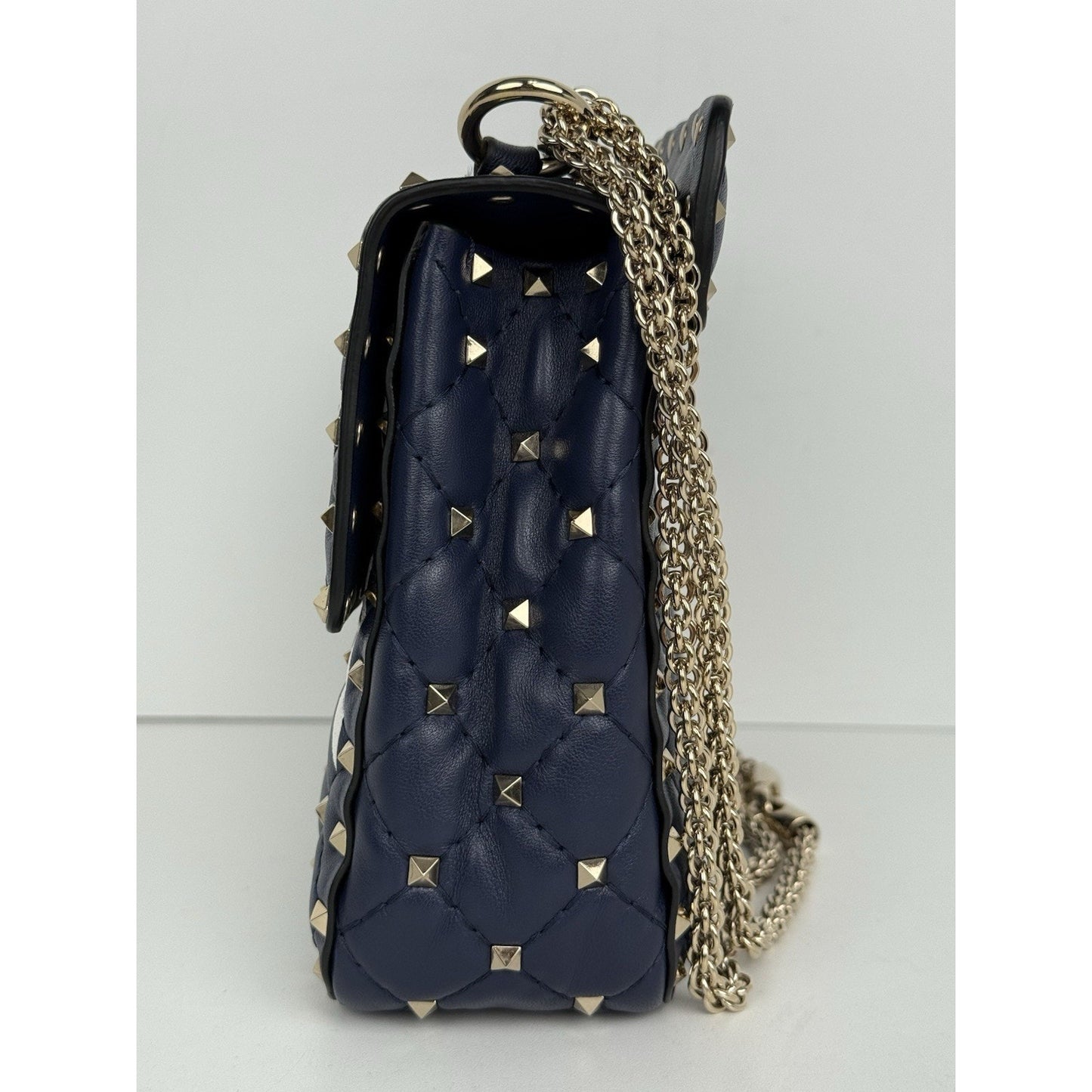 Valentino Garavani Nappa VLTN Print Medium Rockstud Spike Shoulder Bag Navy Blue