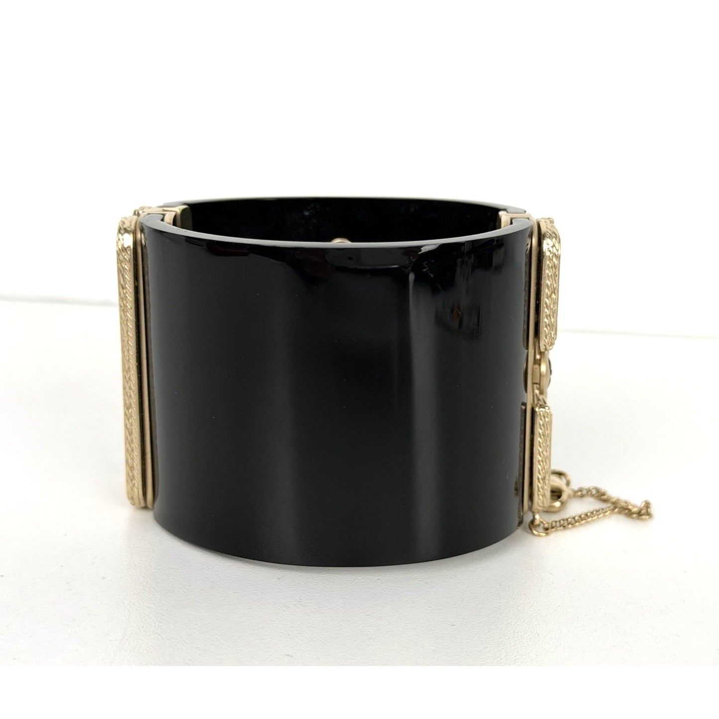 Chanel Resin & Crystal CC Hinged Cuff Wide Bracelet in Black & Gold