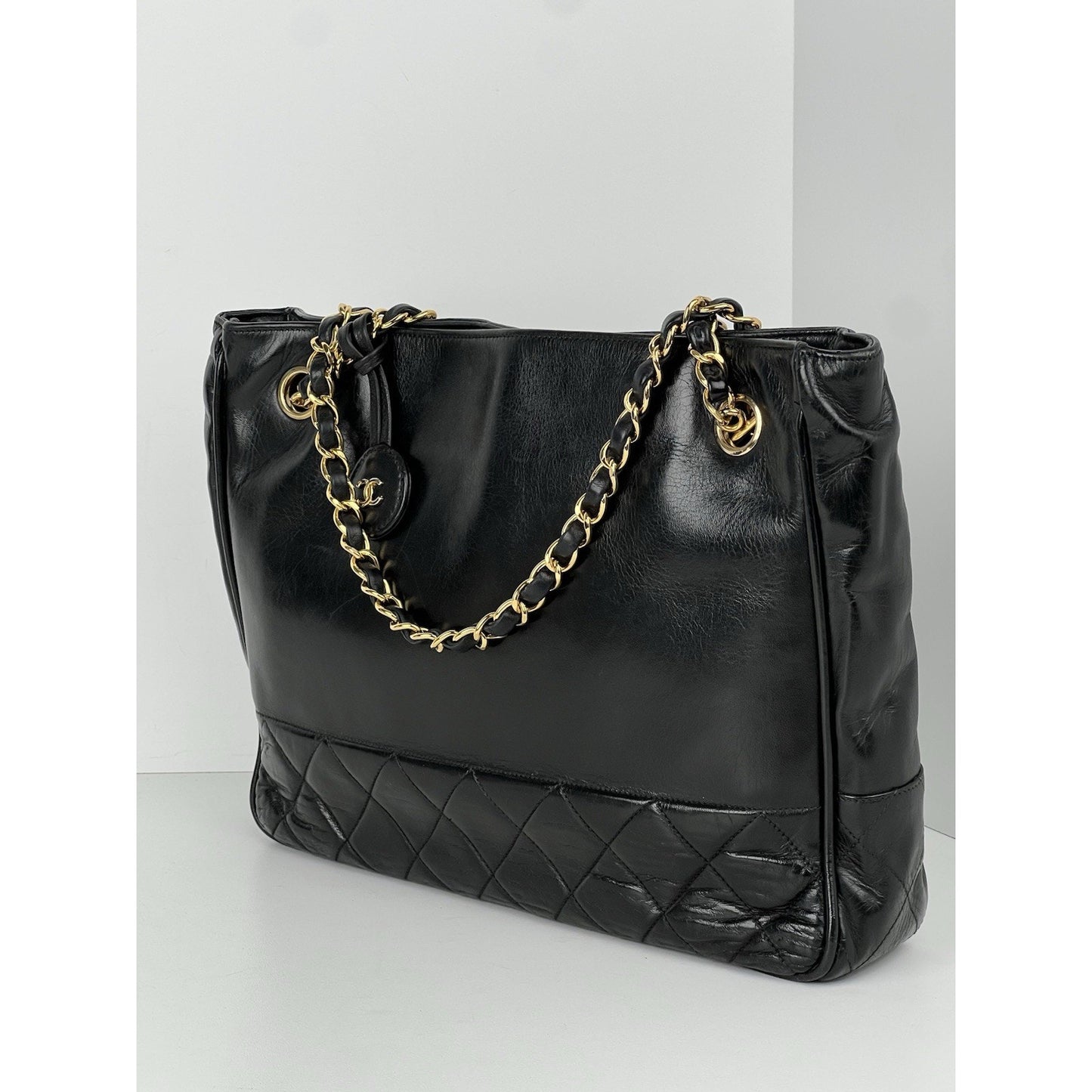 CHANEL Vintage Lambskin Black Leather Tote Shoulder Bag (1989-1991)