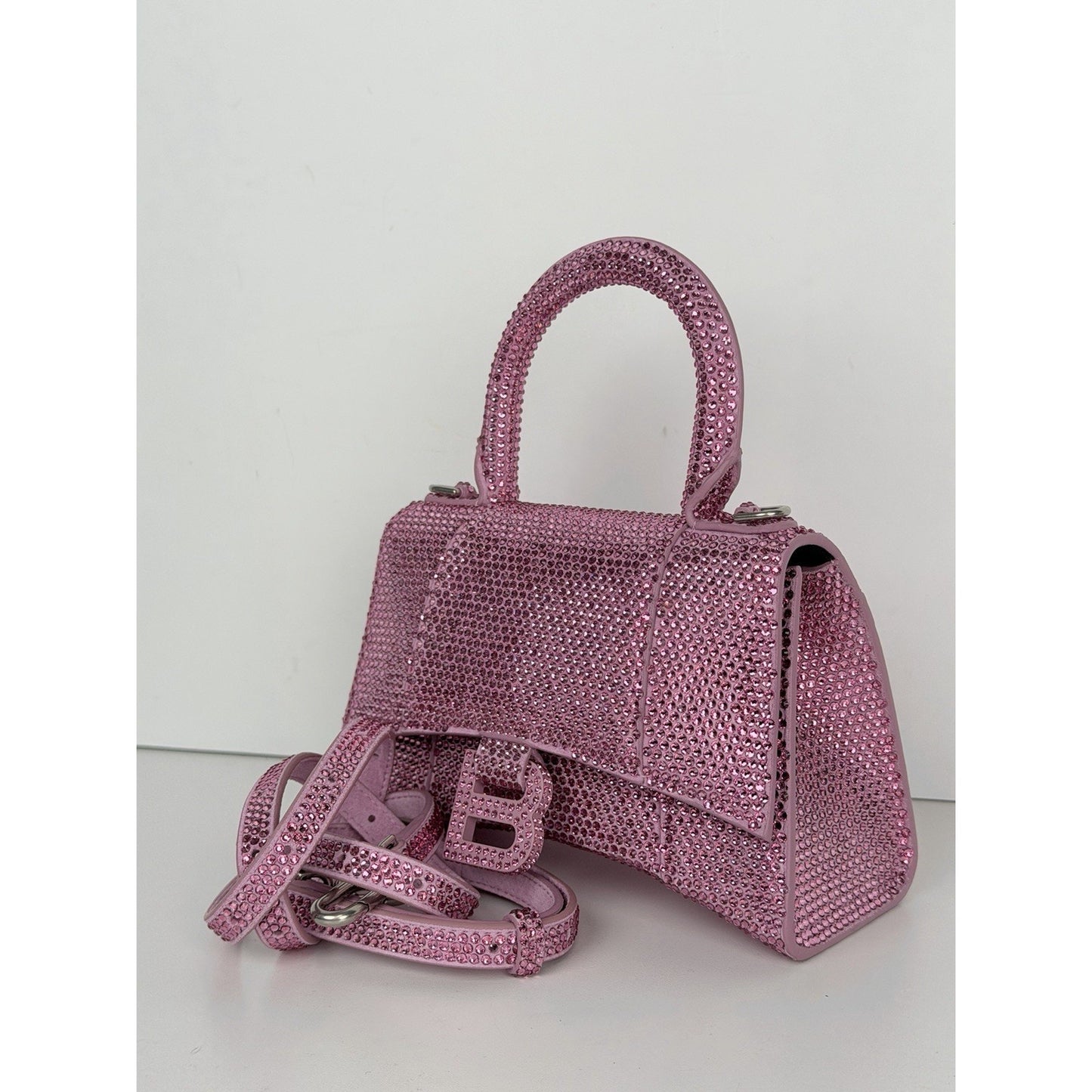 Balenciaga Strass Suede Hourglass Top Handle Bag XS in Pink B1