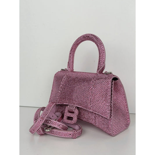 Balenciaga Strass Suede Hourglass Top Handle Bag XS in Pink B1