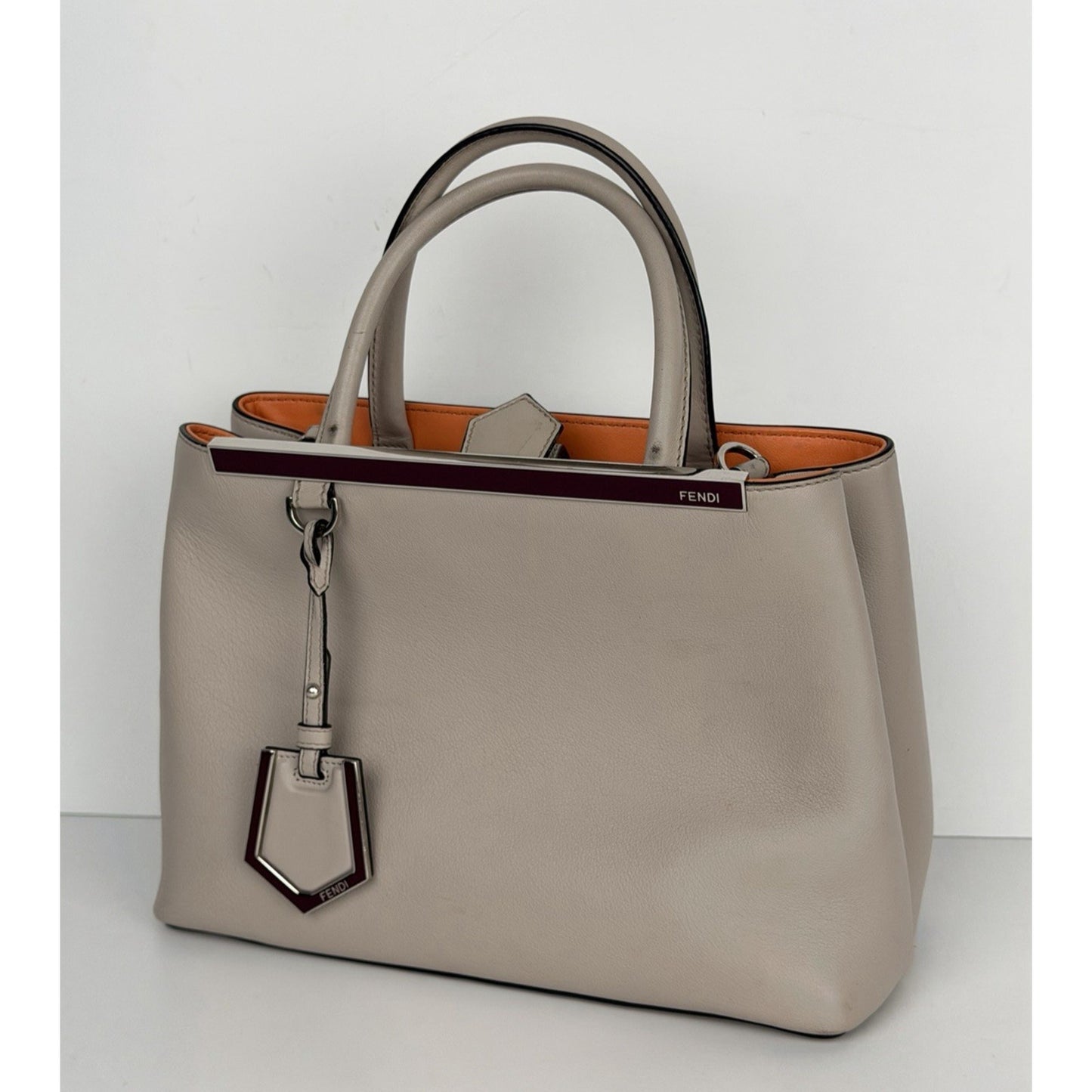 Fendi Petite 2Jours Tote Bag Neutral Gray Leather & Orange Leather Lining S