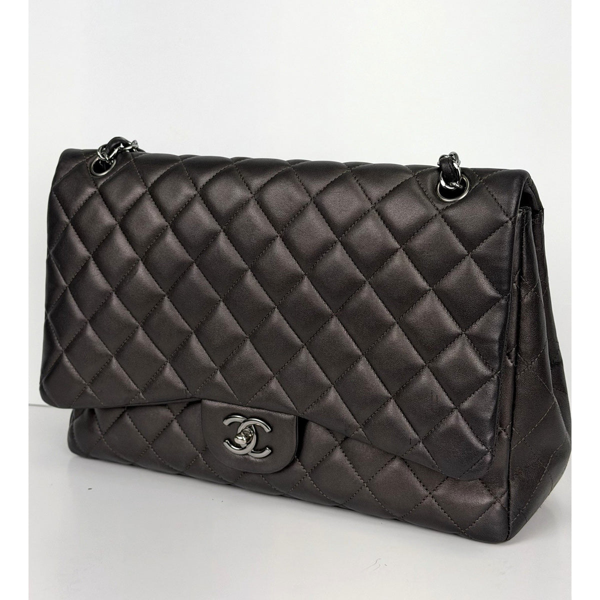 Chanel Classic Flap Bag Maxi in Metallic Dark Grey Quilted Leather 2009-2010 F-3