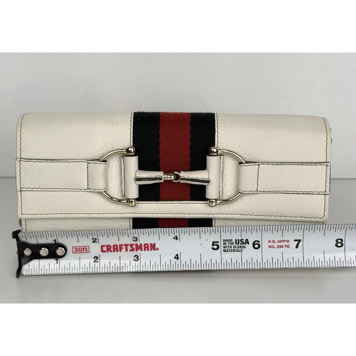 Gucci Horsebit Chain Clutch Web Wallet in White Leather Gold-Tone Hardware