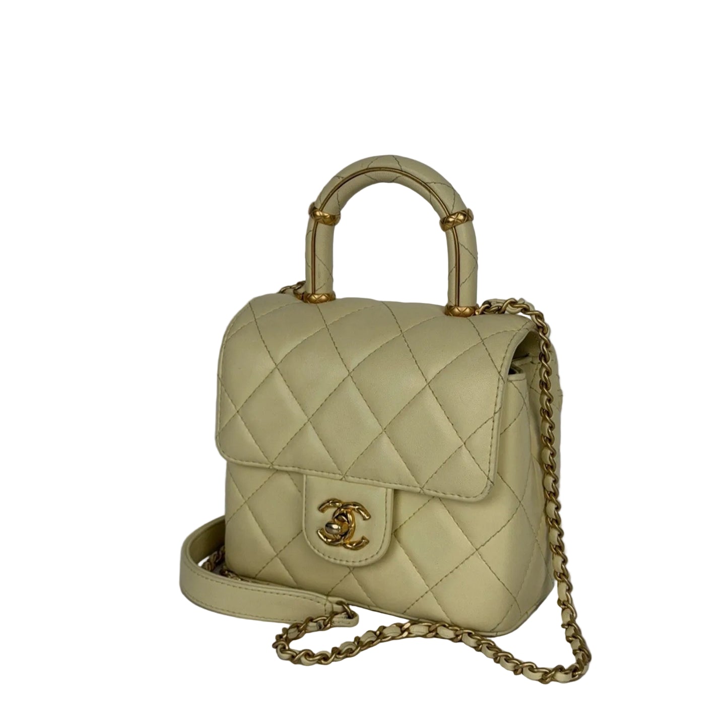 Chanel Crush Top Handle Mini Flap Bag in Pale Yellow or Ivory Leather D5