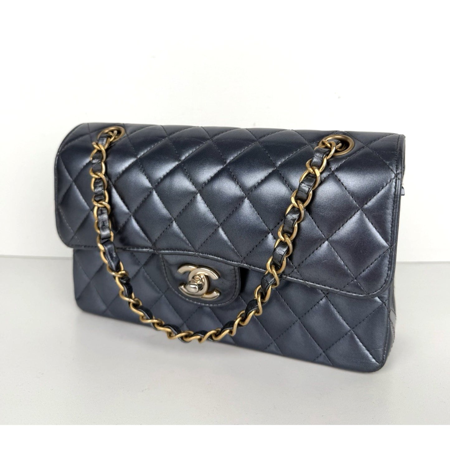 Chanel Classic Double Flap Bag Small in Metallic Navy Quilted Leather NFC B-6