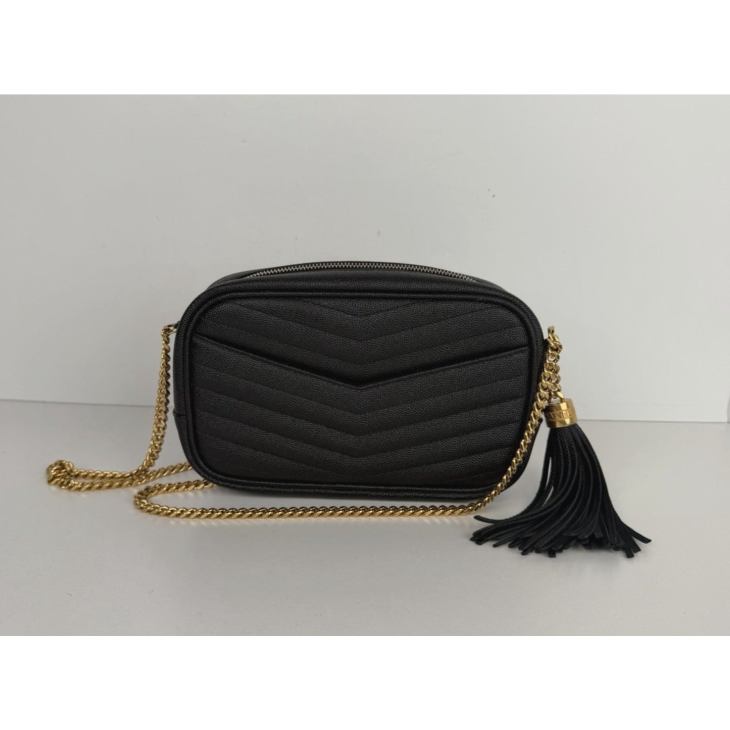 Saint Laurent Lou Mini Camera Bag in Black Grain Leather with Tassel Detail S08