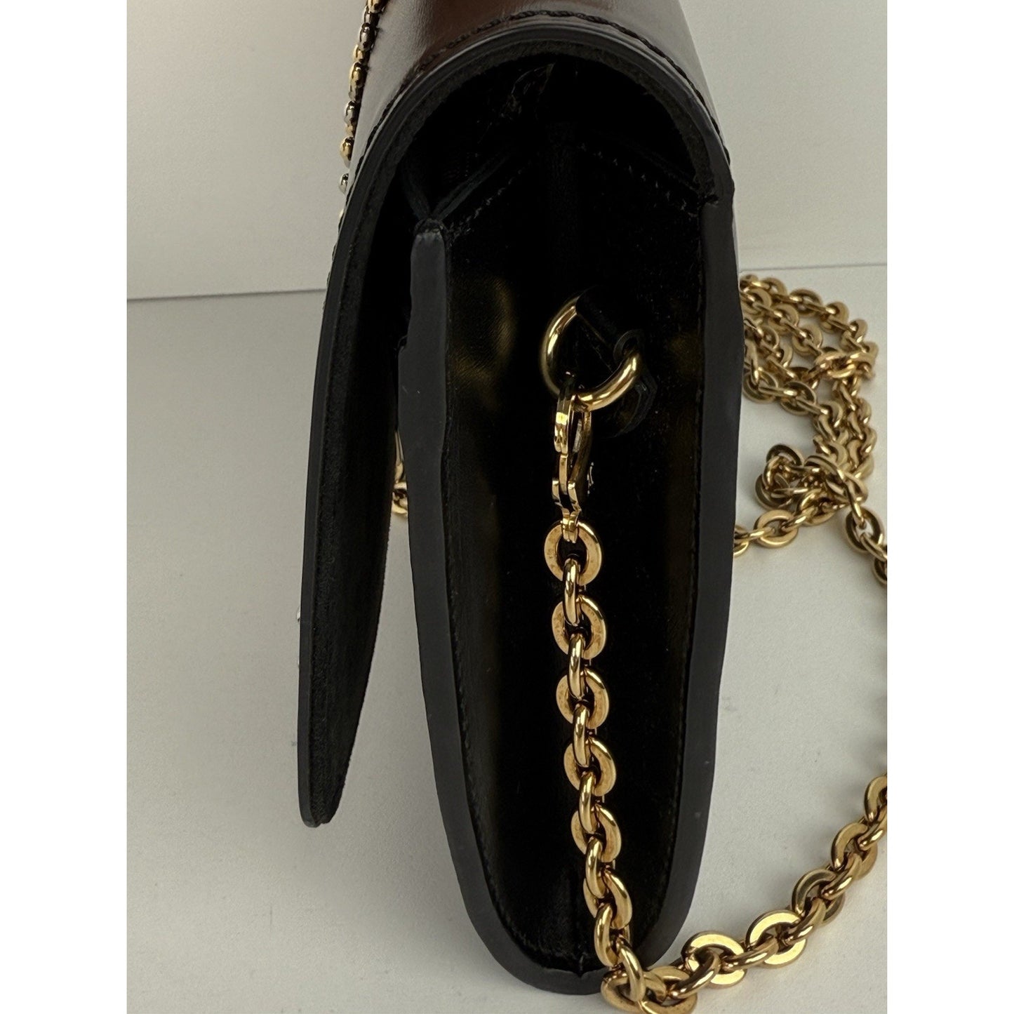 LOUIS VUITTON Black Calfskin Fleur De Lys Pochette Studded Chain Louise