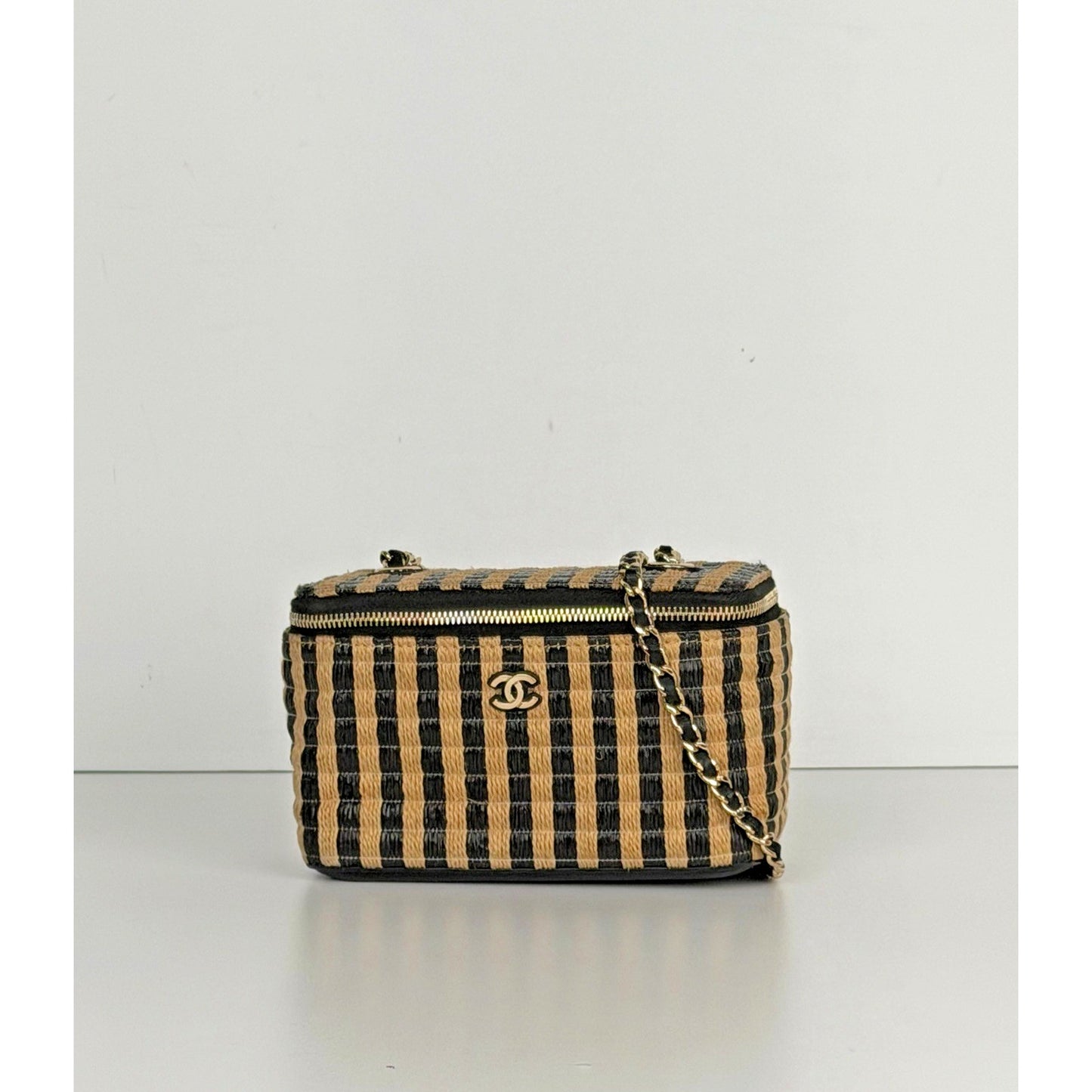 Chanel Classic Vanity Case with Chain Striped Raffia and Jute Small