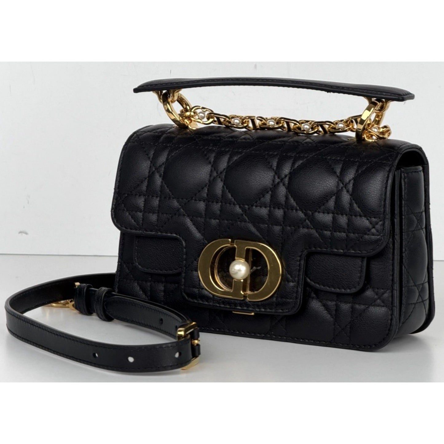 Dior Cannage Jolie Top Handle Small Bag in Black Calfskin with "CD" Clasp S-07