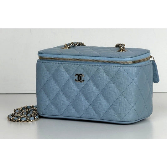 Chanel Caviar Quilted Vanity Small Case Bag With Chain in Light Blue