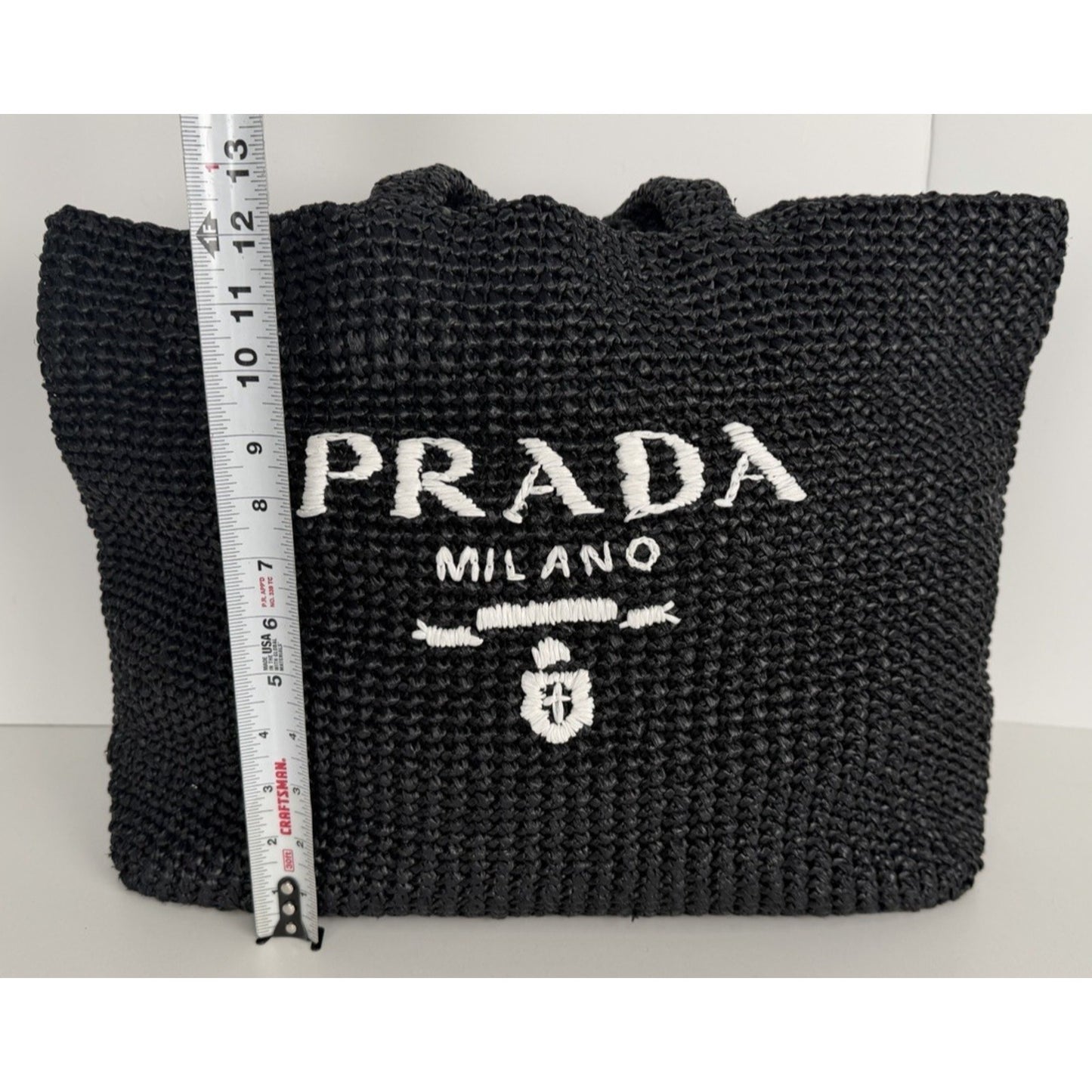 Prada Raffia Black Tote Bag with a White Embroidered Logo D3