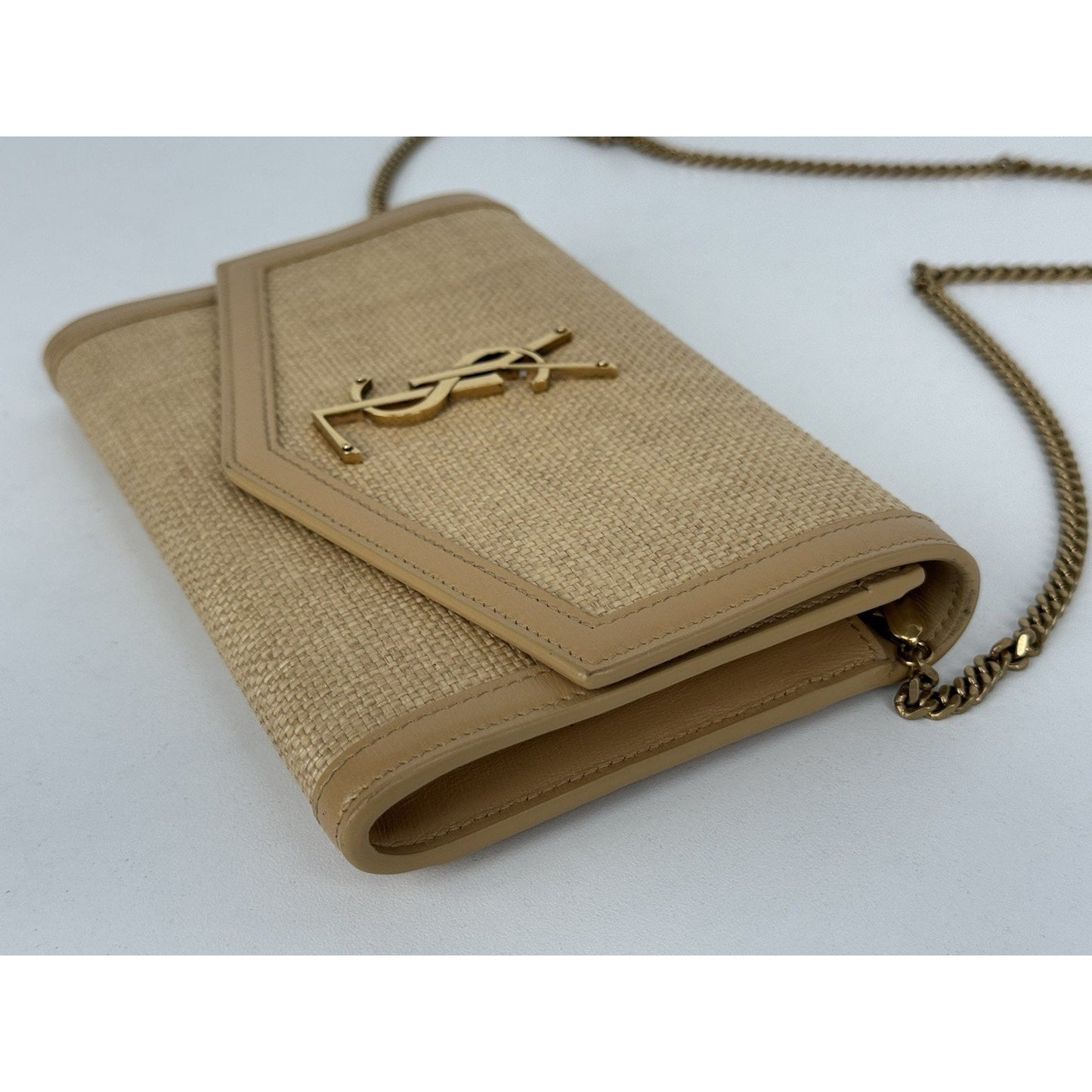 Saint Laurent Micro Raffia Monogram Uptown Chain Wallet – Natural Hay Blush