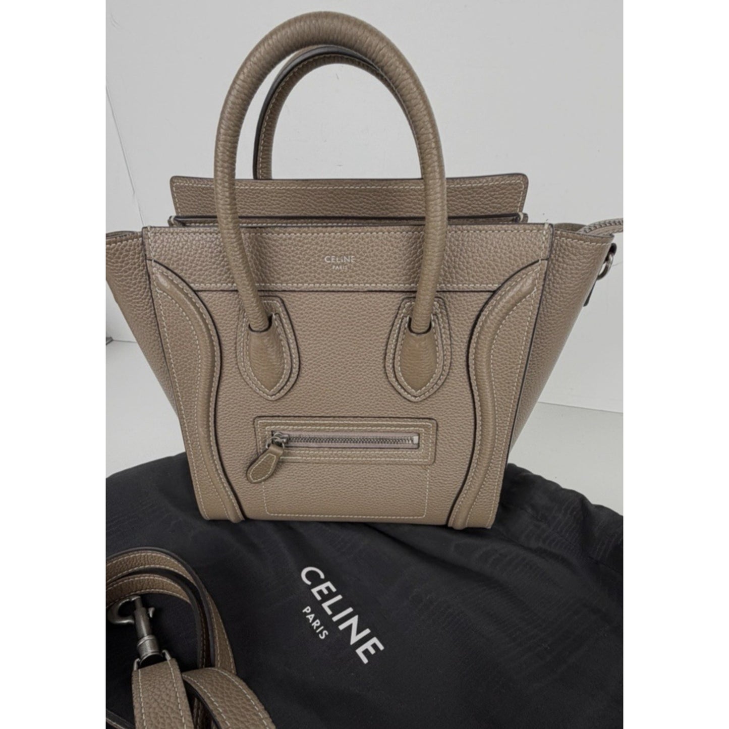 Celine Luggage Nano Bag in "Souris" Taupe Shade Drummed Calfskin Leather S05