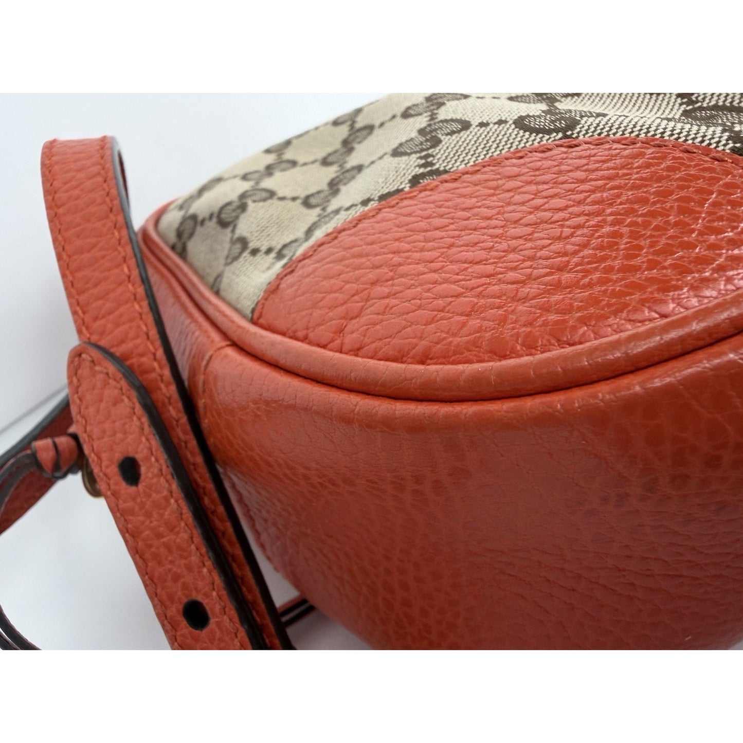 Gucci Bree Camera Bag Beige&Ebony GG Monogram Canvas & Orange leather Trim S11