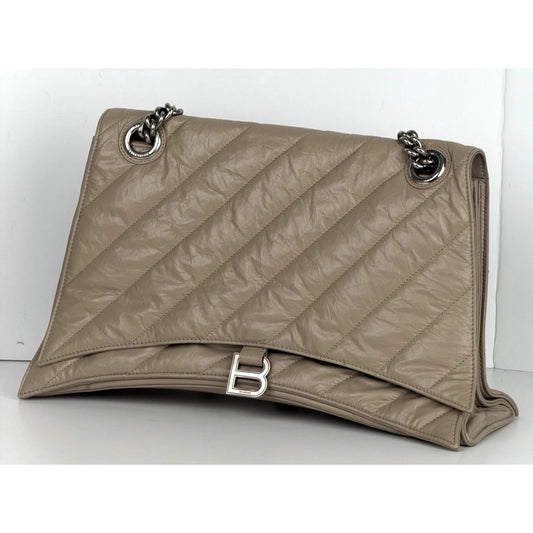 Balenciaga Large Crush Quilted Leather Chain Shoulder Bag Taupe E6