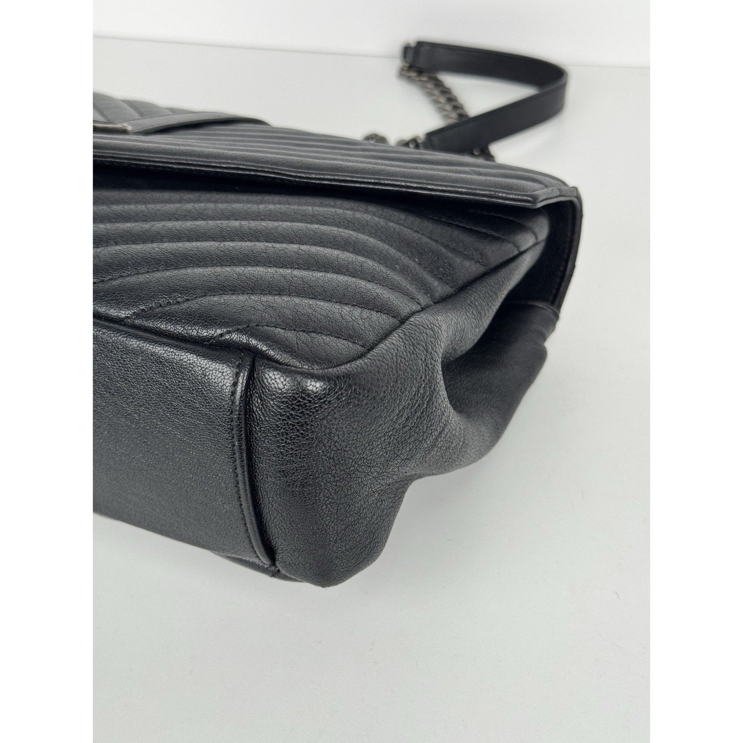 Saint Laurent Large College Satchel Black Chevron Leather Silver Hardware C5