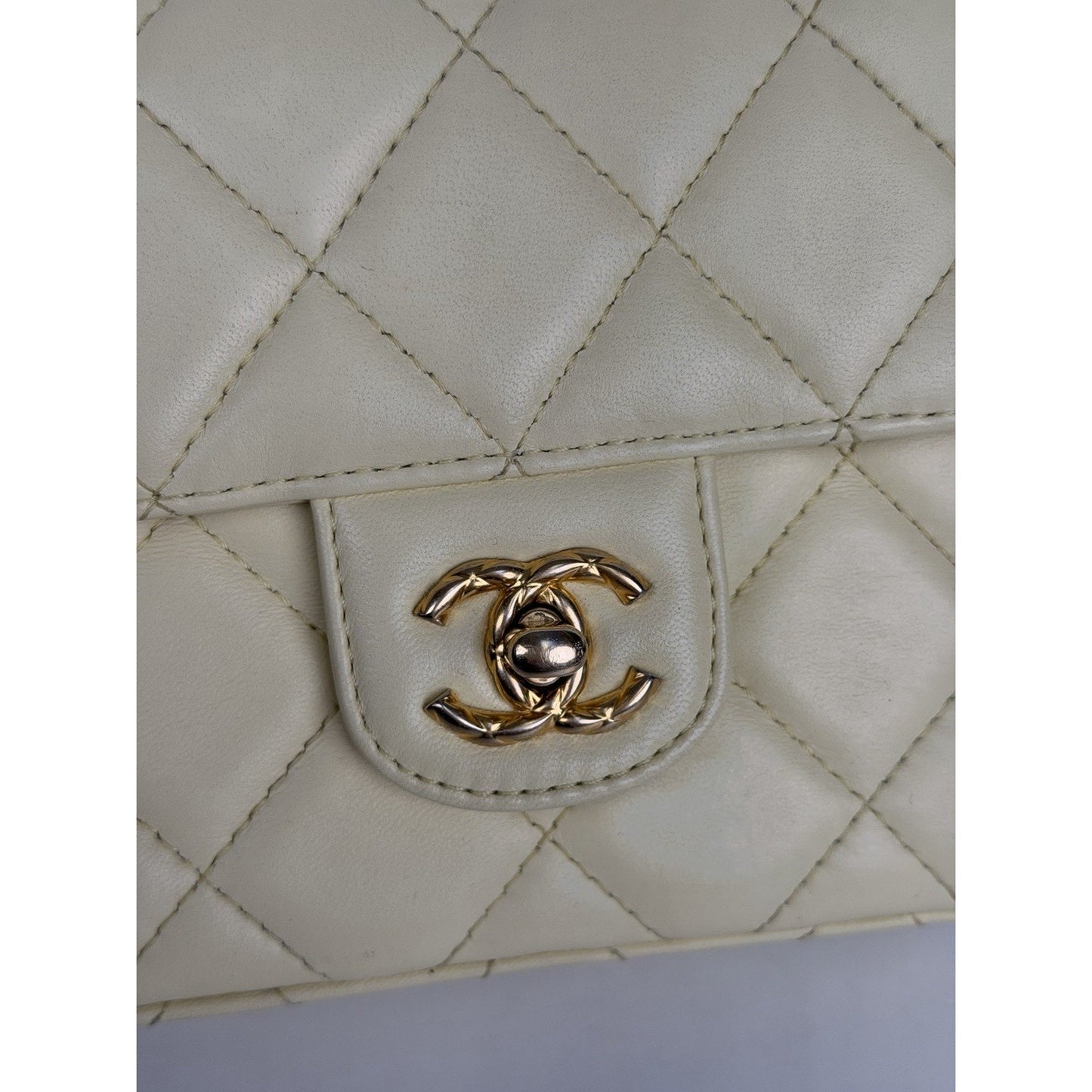 Chanel Crush Top Handle Mini Flap Bag in Pale Yellow or Ivory Leather D5