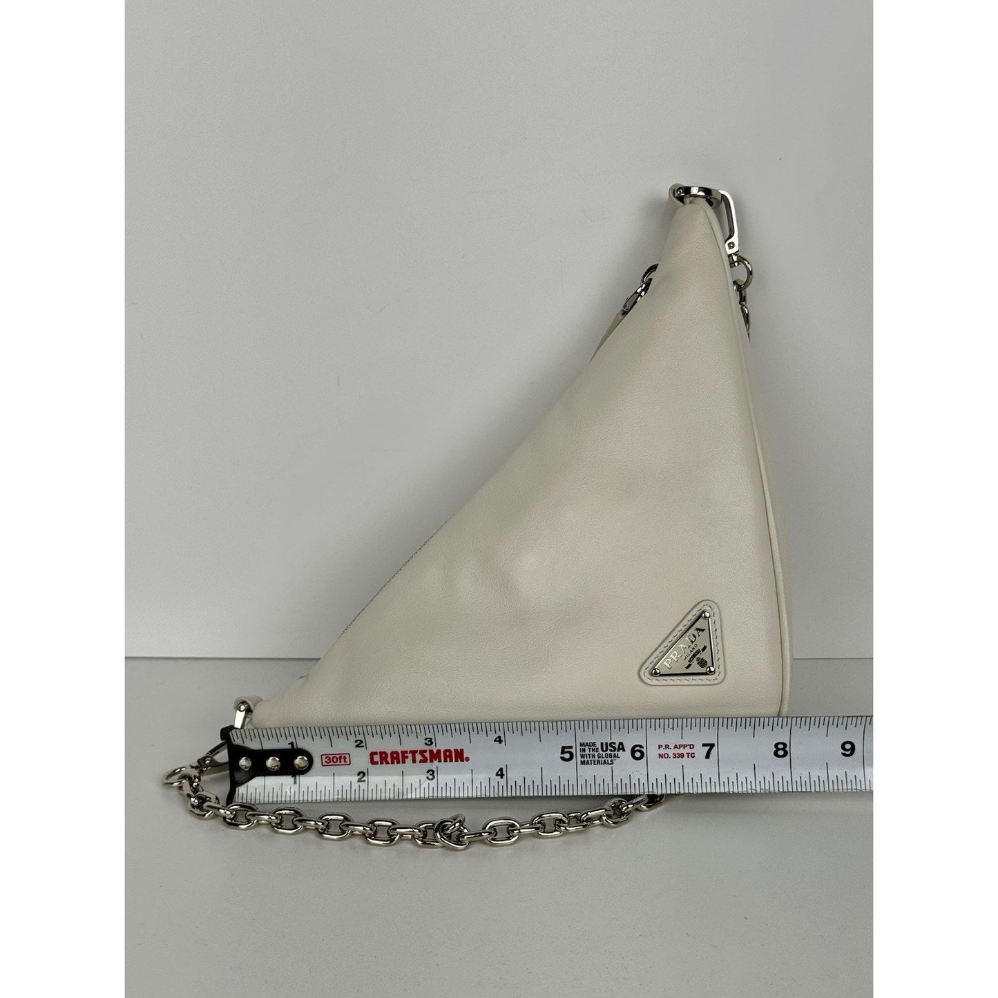 Prada Triangle Logo Shoulder Bag Ivory Leather Silver Hardware