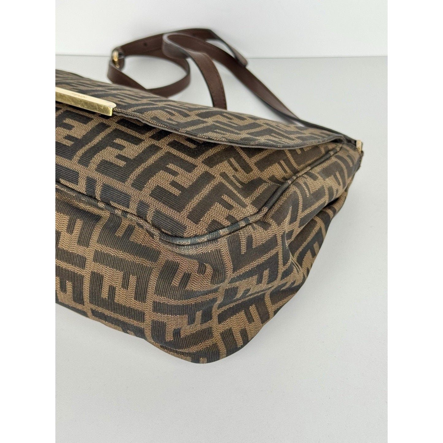 Fendi Tobacco Zucca Canvas Flap Crossbody Bag with Gold Hardware D-1