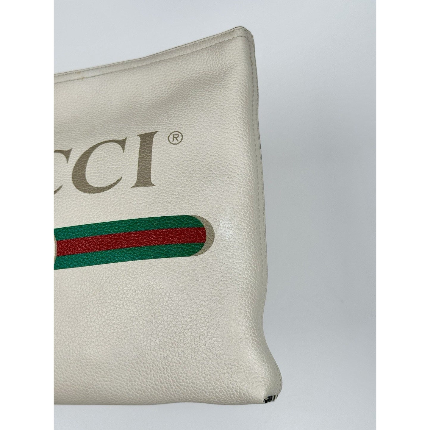 Gucci White Leather Logo Print Zip Pouch with Gold Hardware D-1