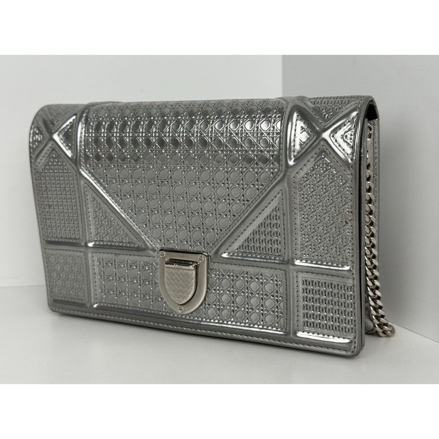 Dior Micro-Cannage Diorama Wallet on Chain Pouch Metallic Silver Patent Leather