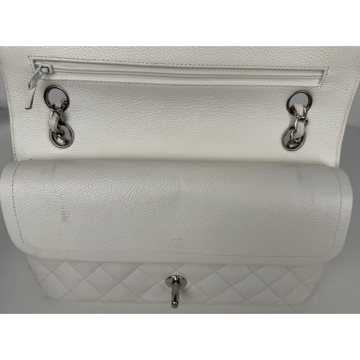 Chanel Classic Medium Double Flap Shoulder Bag in White Caviar Leather 2005-2006 B1
